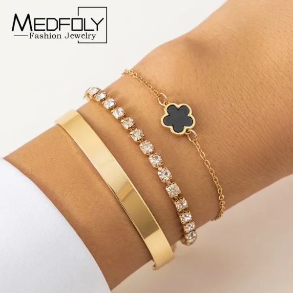 MEDFOLY 3Pcs 14K Gold Plated Lucky Flower Bracelet Set Stainless steel Crystal Zircon Tennis Bangle Hand Chains for Lover Gifts